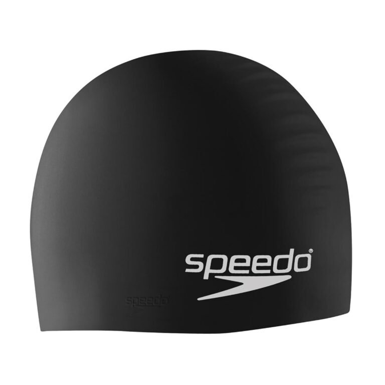 Black Speedo swim cap with white logo on a white background