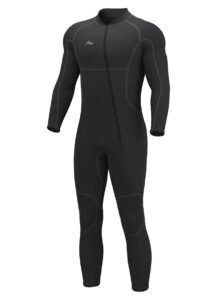 Black full body wetsuit with a zipper, and gray stitching