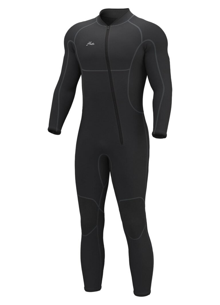 Black full body wetsuit with a zipper, and gray stitching