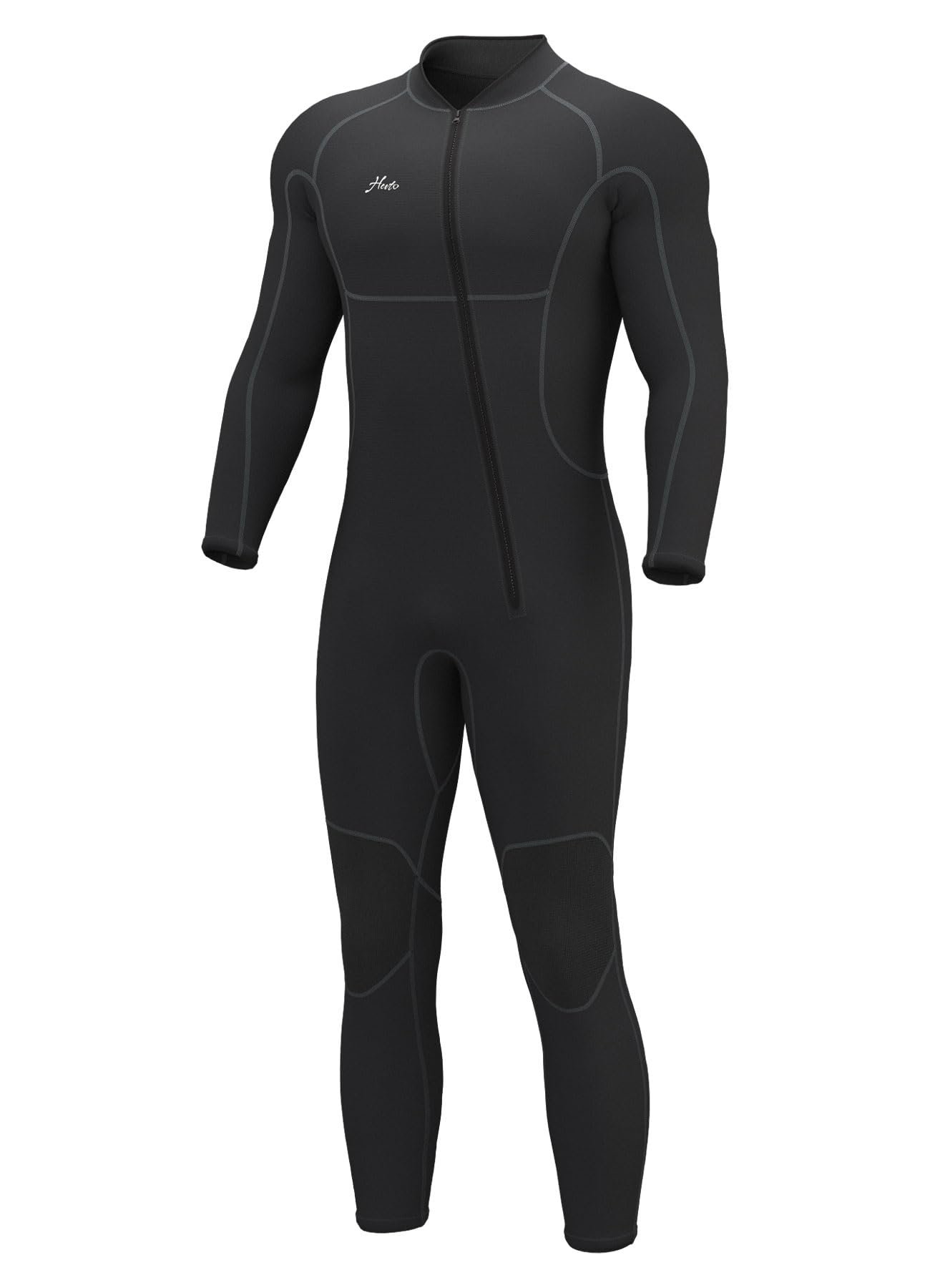 Black full body wetsuit with a zipper, and gray stitching