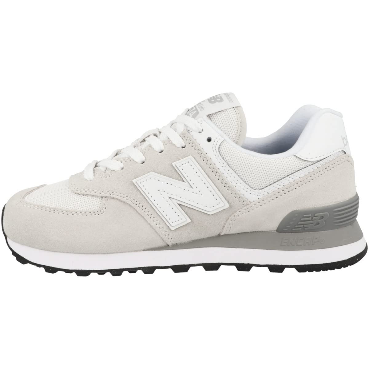 Light gray New Balance 574 sneaker with white accents and black sole