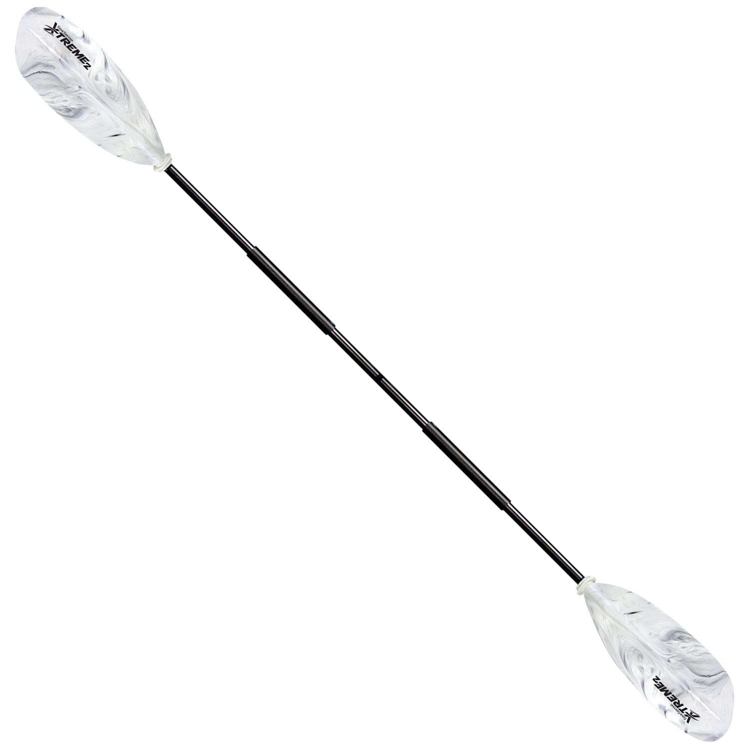 White and black marbled kayak paddle with black shaft