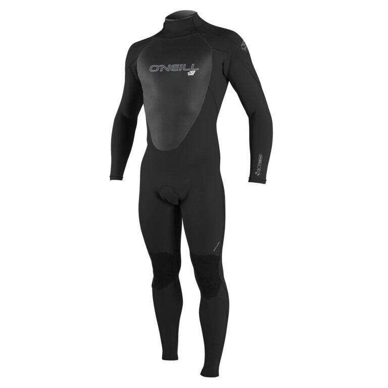 Black O'Neill wetsuit with long sleeves, high neck, and knee pads, isolated on white
