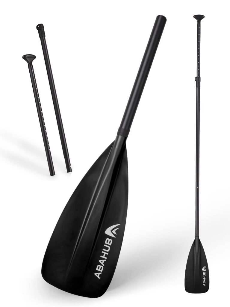Black stand-up paddleboard paddles with adjustable height and "ABAHUB" logo