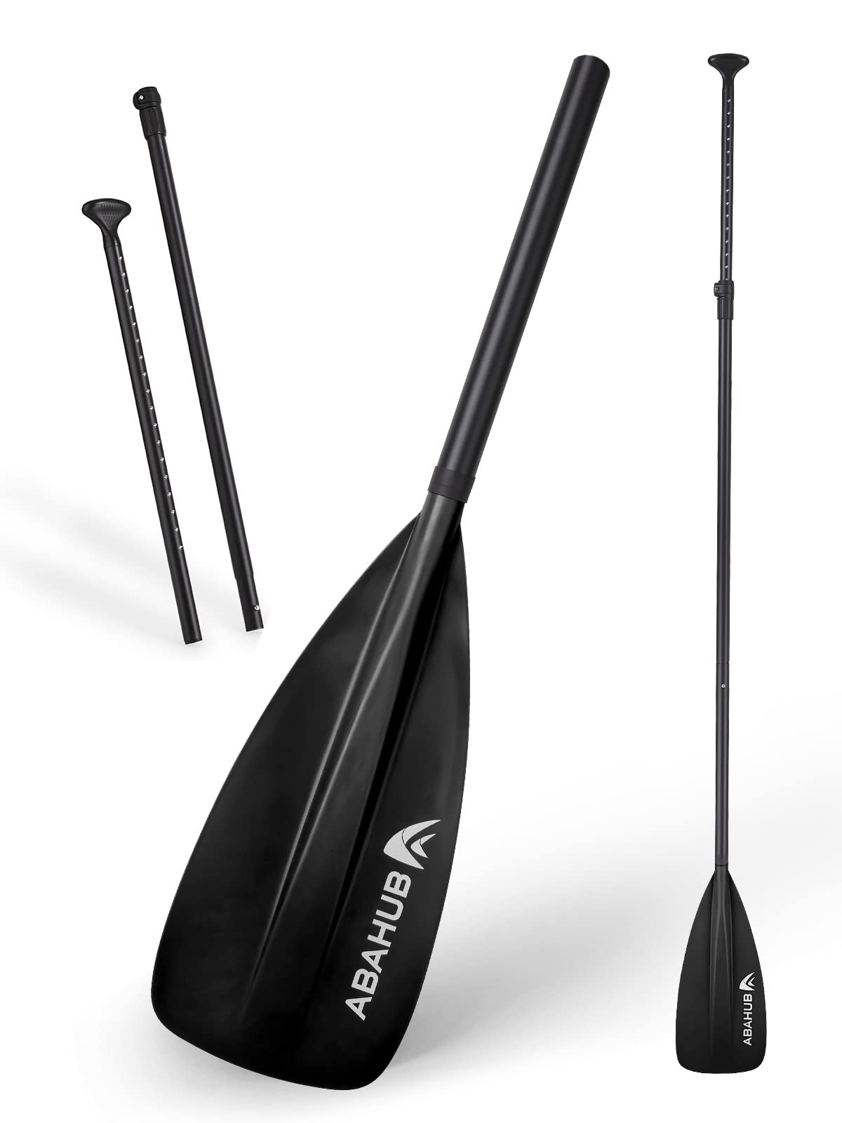 Black stand-up paddleboard paddles with adjustable height and "ABAHUB" logo