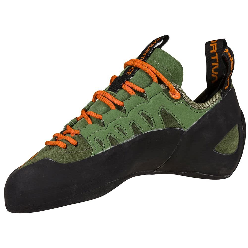 Green and black climbing shoe with orange laces and branding