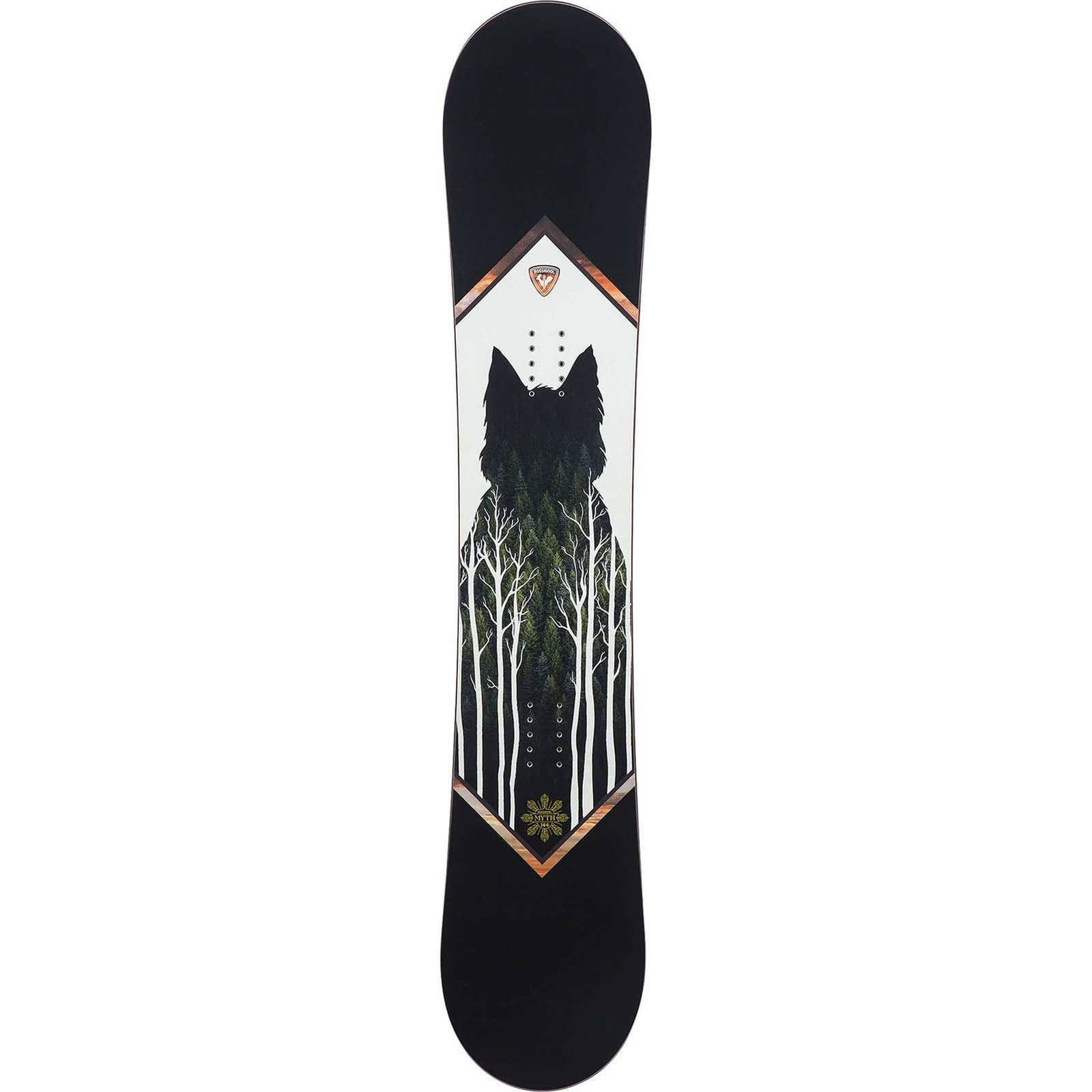 Black snowboard with a wolf and forest design on the center