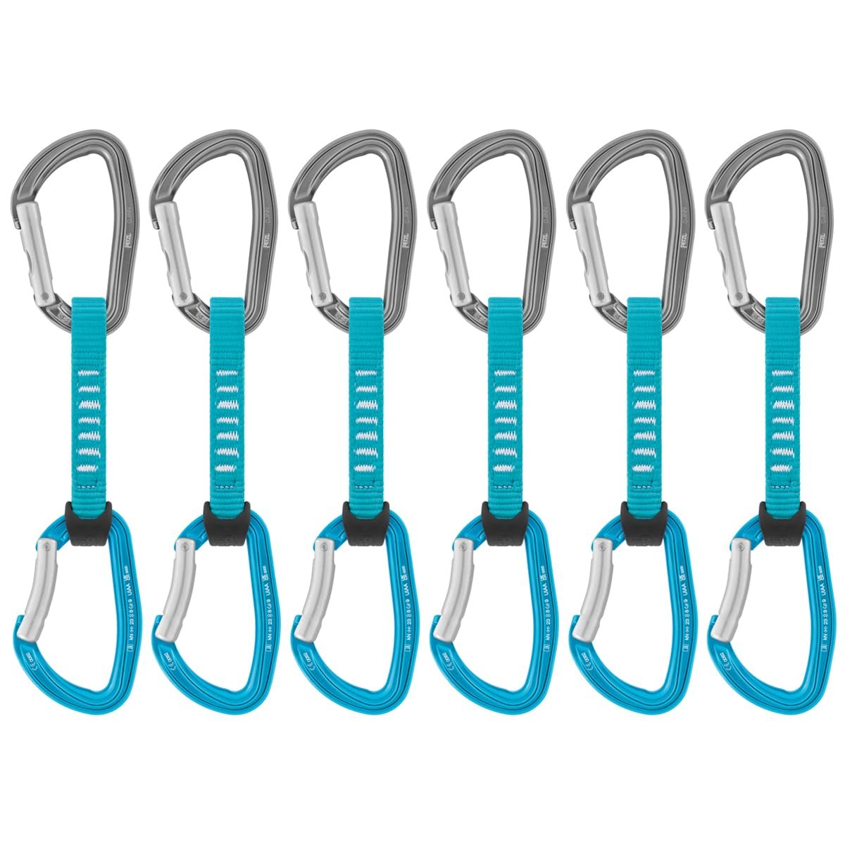 Six climbing quickdraws with blue and gray carabiners and teal webbing