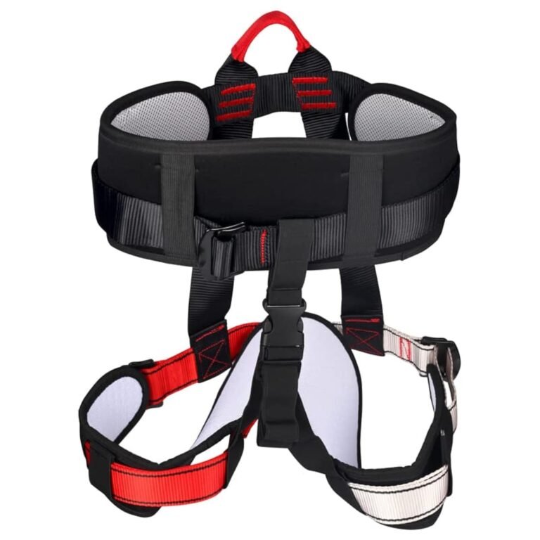 Black and red climbing harness with adjustable straps and buckles