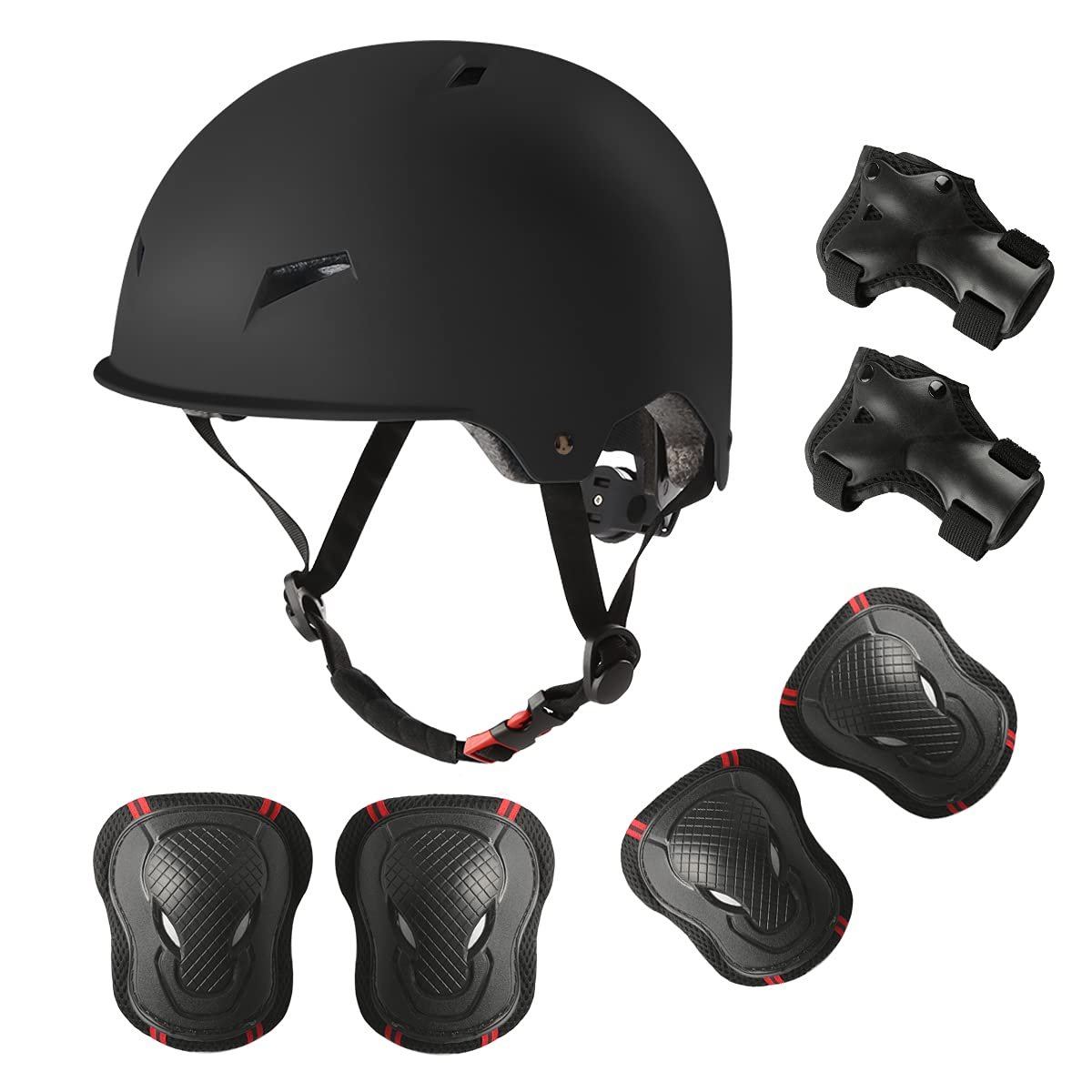 Black helmet, wrist guards, and knee pads for safety equipment