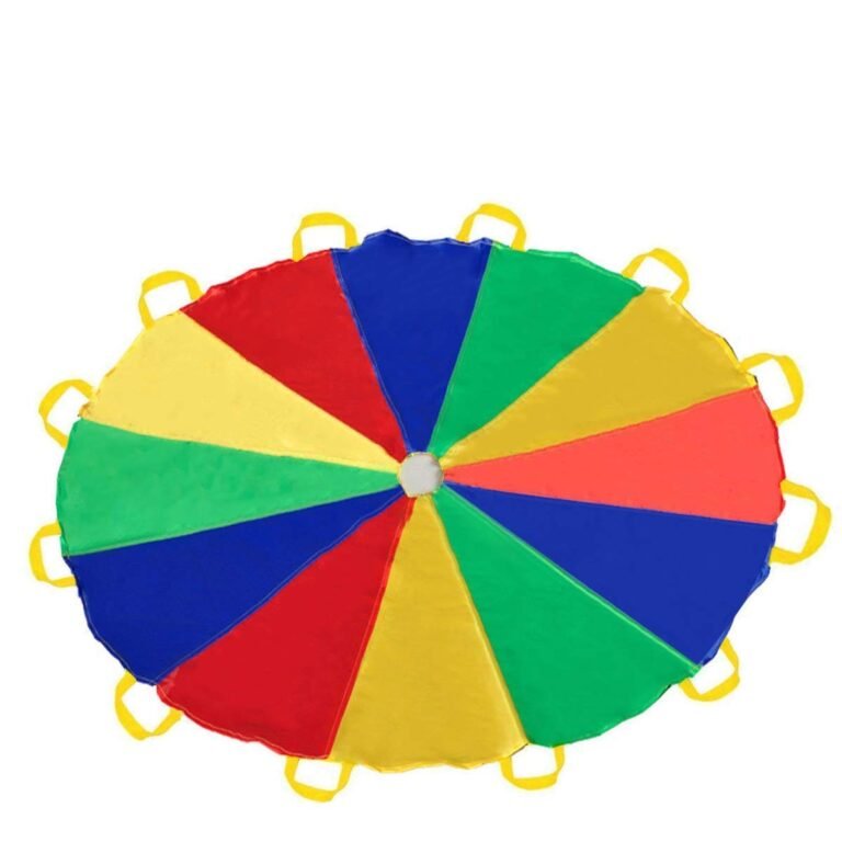 Colorful parachute toy with yellow handles, spread out on a white background