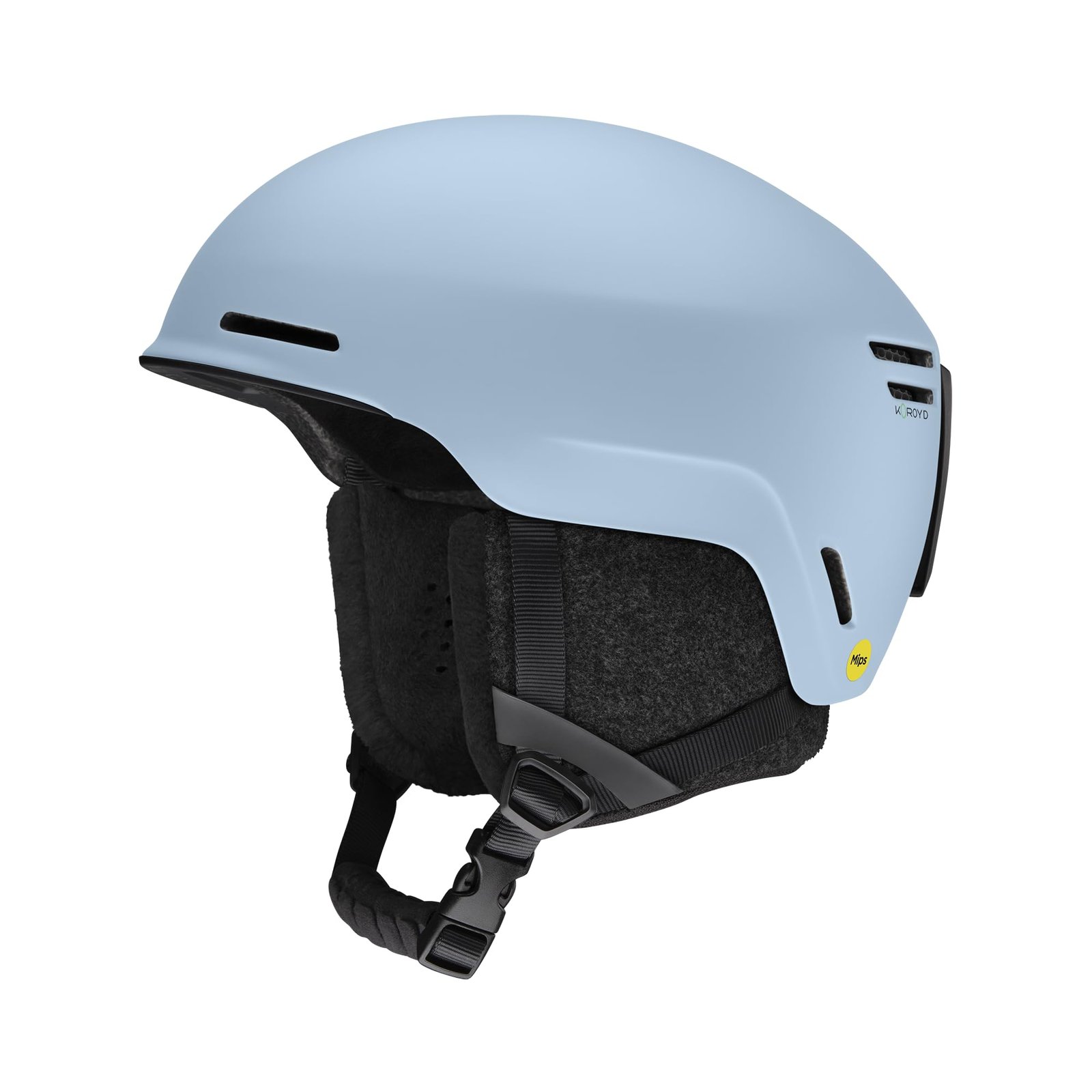 Light blue ski helmet with black ear padding and chin strap