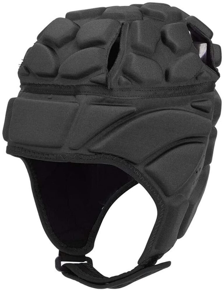 Black padded rugby helmet with adjustable chin strap