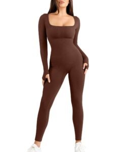 Woman in brown ribbed jumpsuit with square neckline and thumb holes