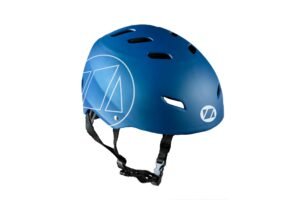 Blue bicycle helmet with white logo and straps on a white background