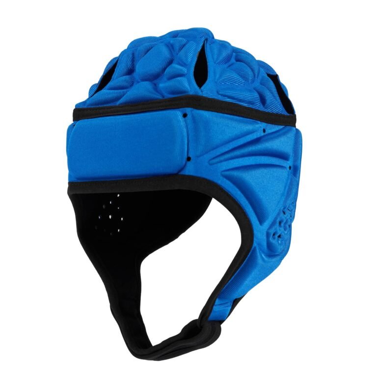 Blue padded headgear with black trim and ear protection