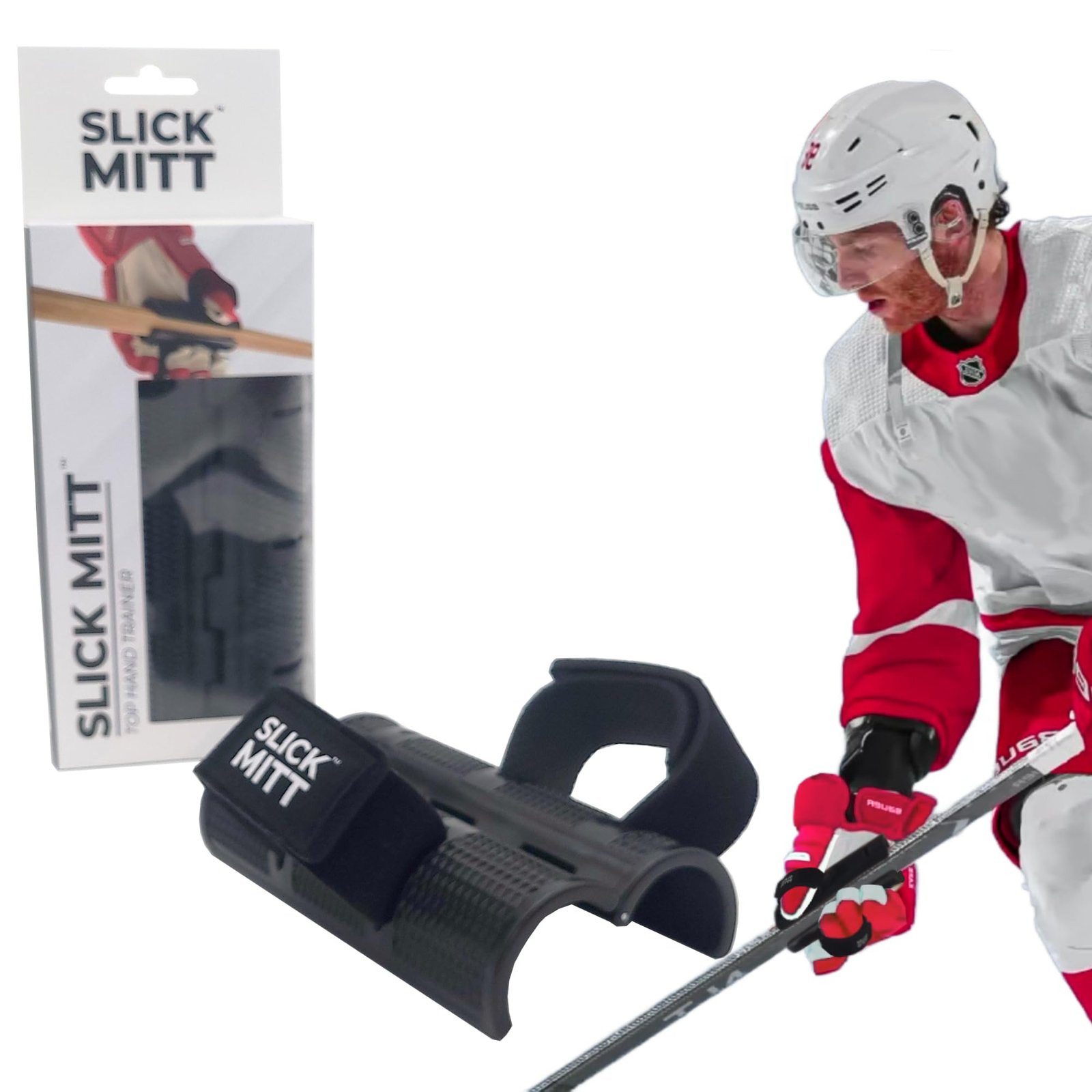 Hockey player with "Slick Mitt" training aid and packaging