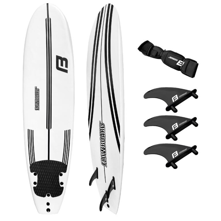 White surfboard with black stripes, fins, and leash. "FLOWBOARD" logo visible