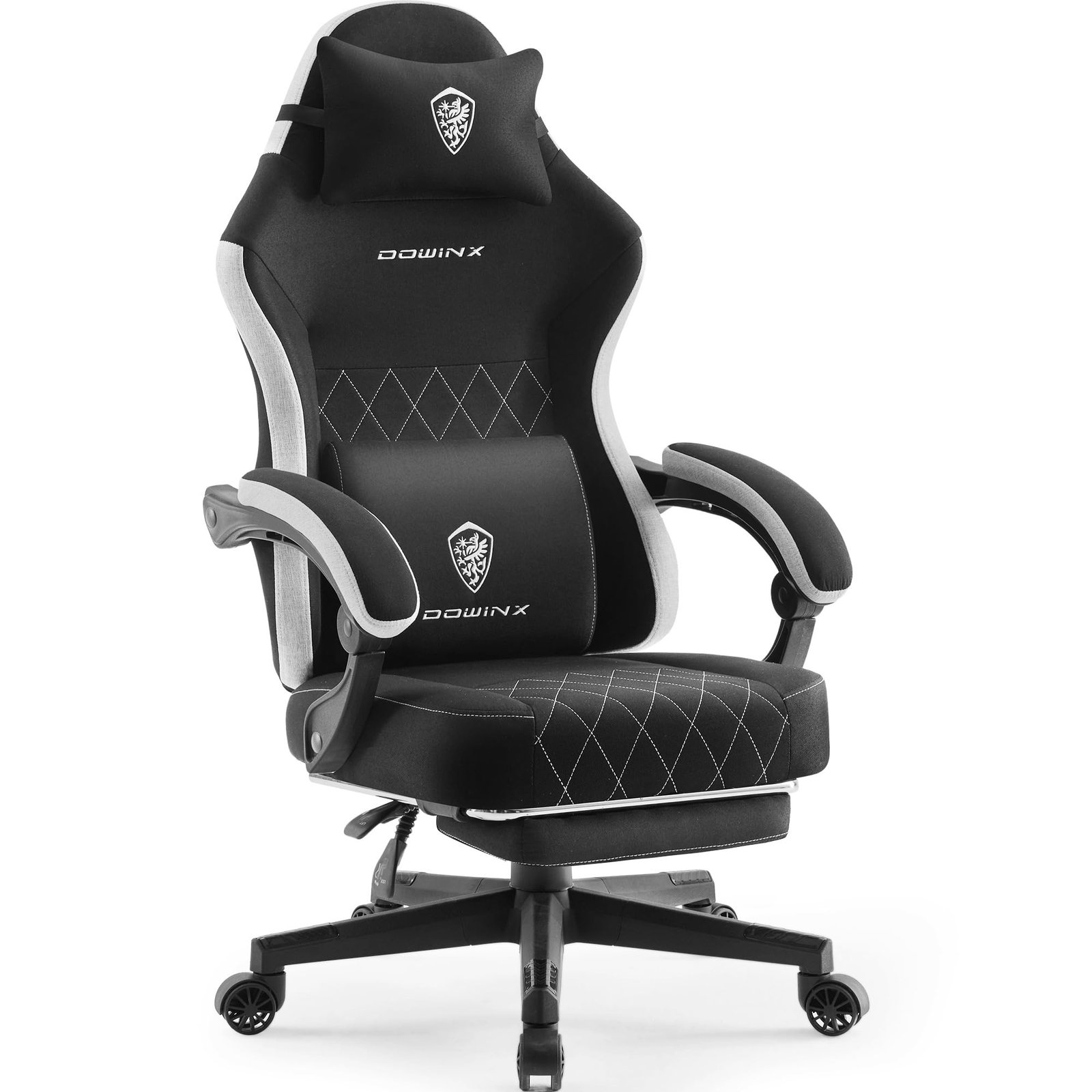 Black and gray gaming chair with headrest, lumbar support, and diamond stitching