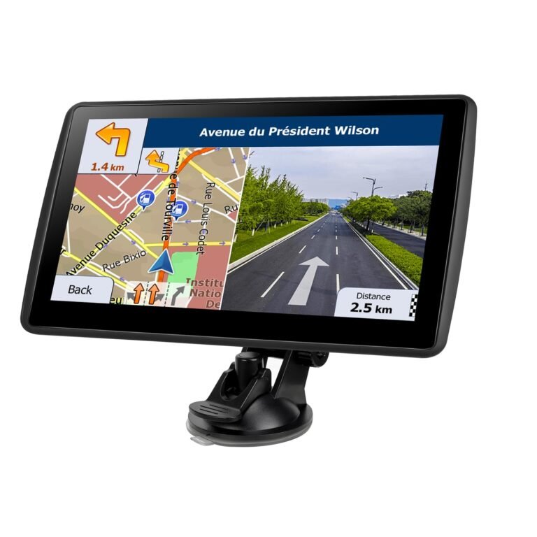 GPS device displaying a map with directions and distance on a white background