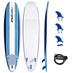 Blue and white Waves Storm surfboard with fins and leash