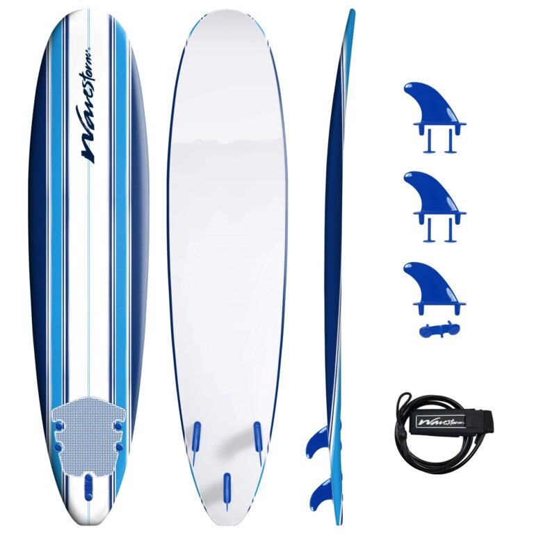 Blue and white Waves Storm surfboard with fins and leash