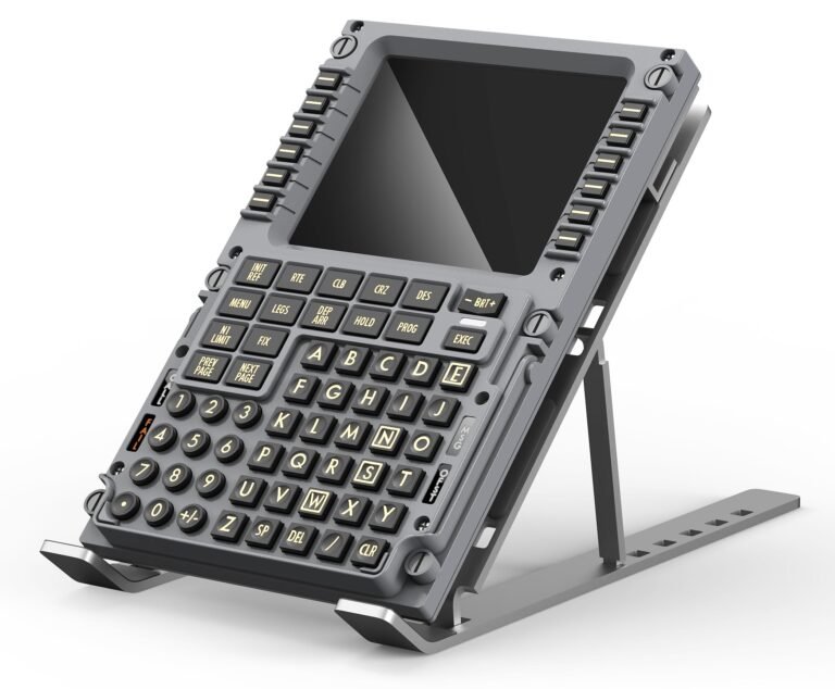 Aircraft control panel with keyboard and screen, mounted on a stand