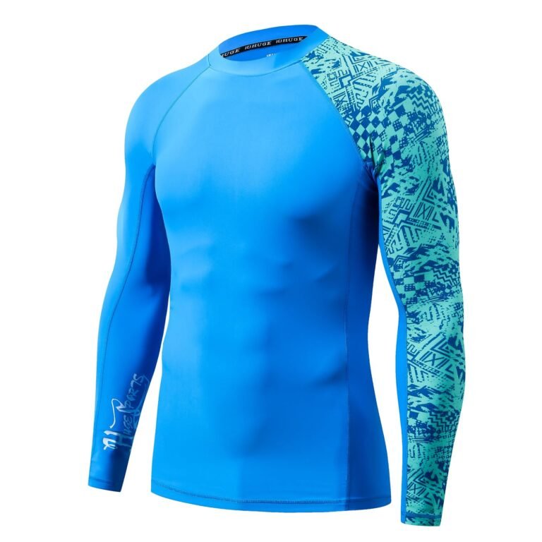 Blue athletic shirt with patterned sleeve and logo on the other sleeve