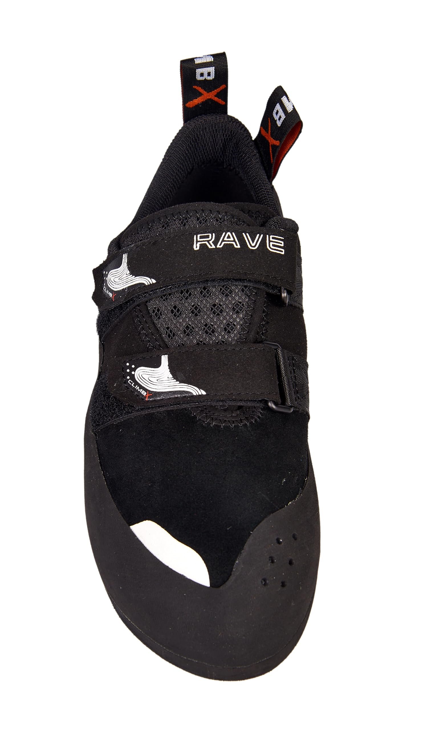Black "Rave" climbing shoe with velcro straps and red accents