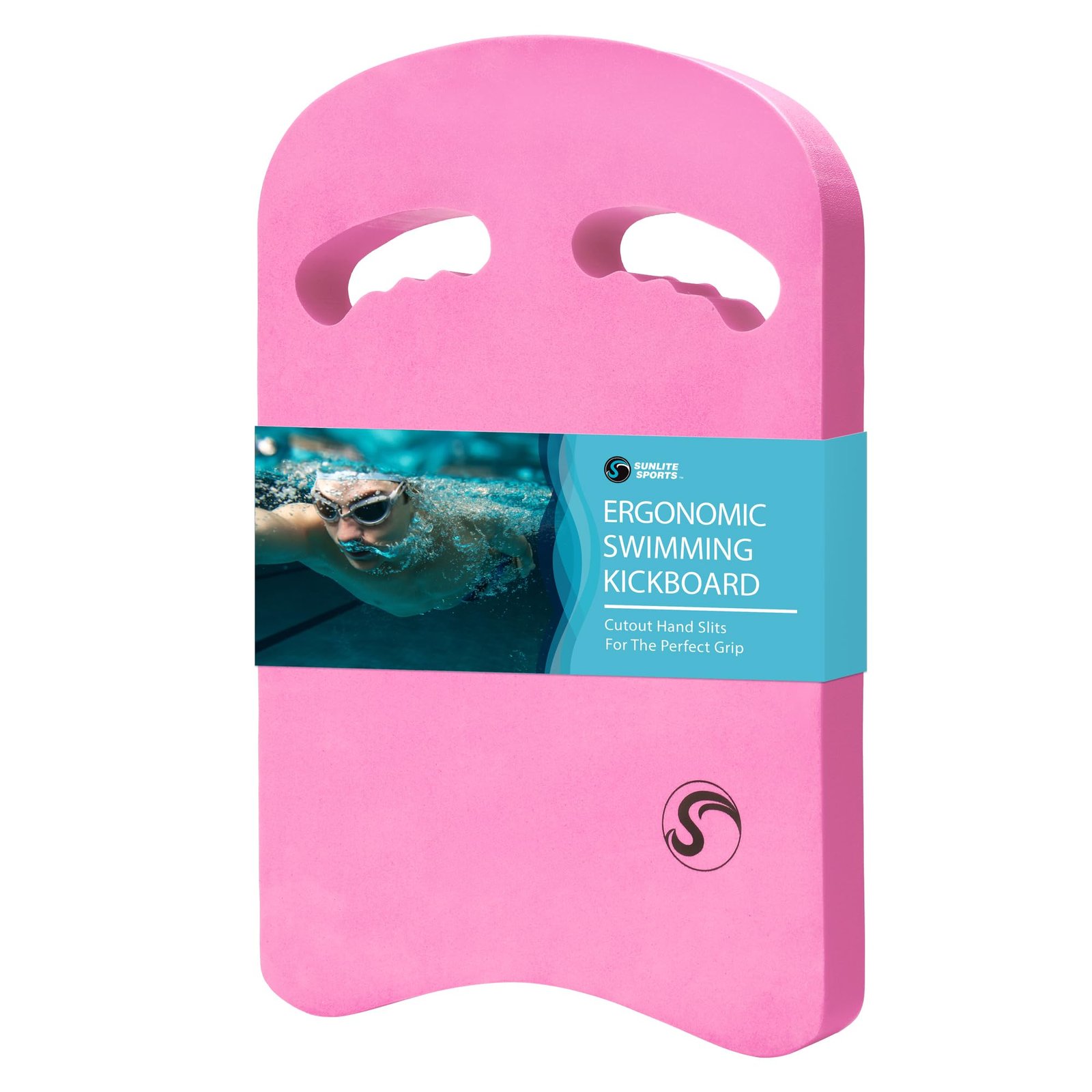 Pink ergonomic swimming kickboard with hand slits and a swimmer image