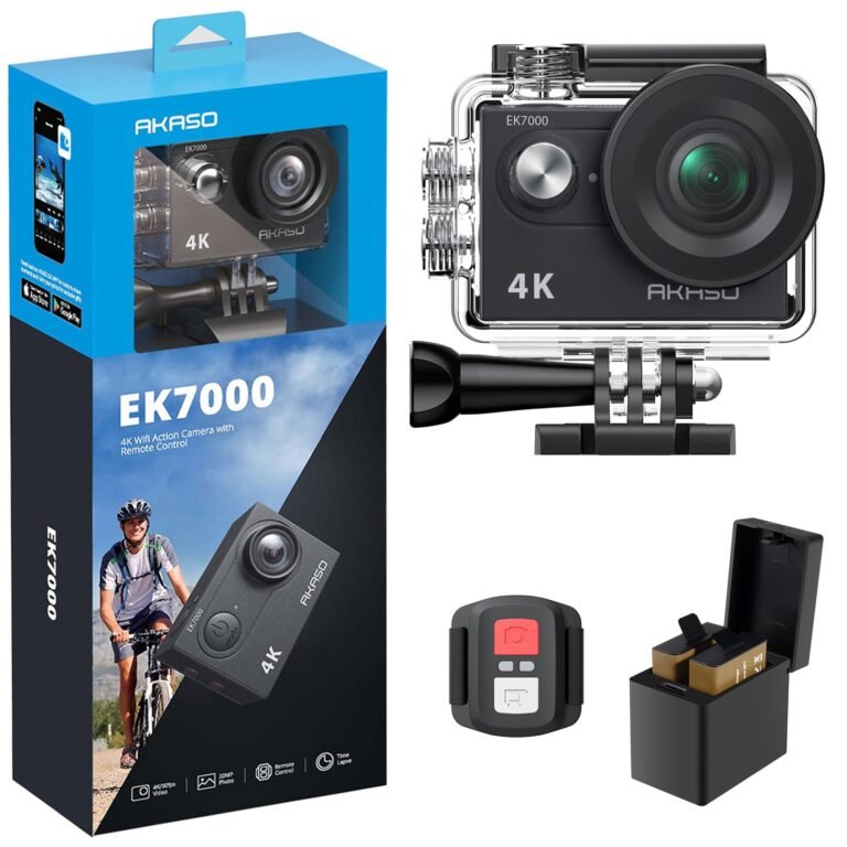 Akaso EK7000 action camera with accessories, including remote control and battery charger