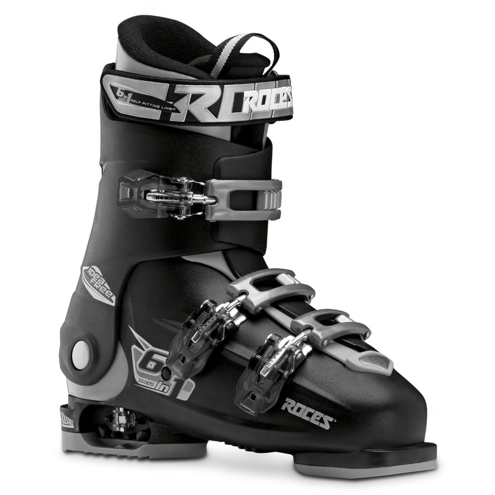 Black and gray Roces ski boot with multiple buckles and straps