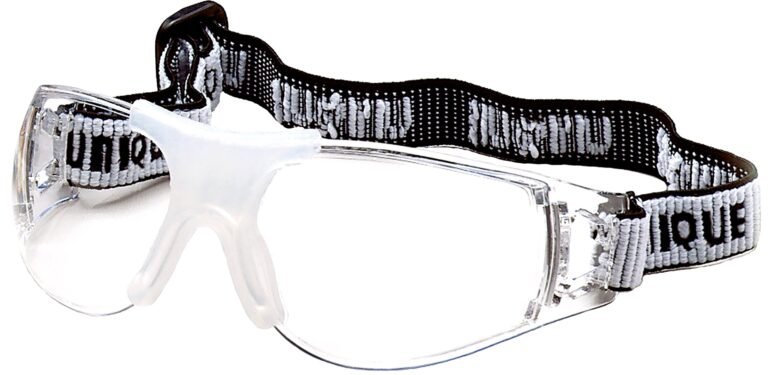 Clear safety glasses with a black and white adjustable strap