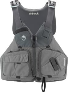 Gray "Chinook" life vest with pockets, zipper, and adjustable straps
