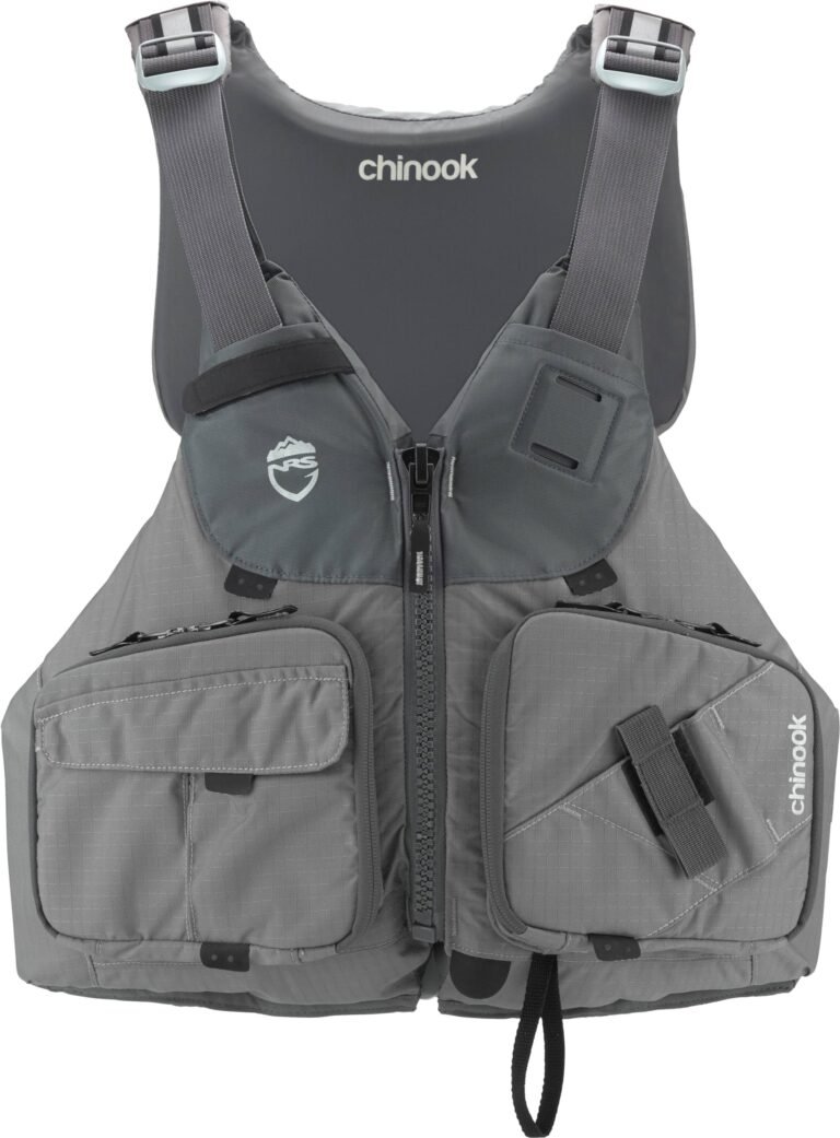 Gray "Chinook" life vest with pockets, zipper, and adjustable straps