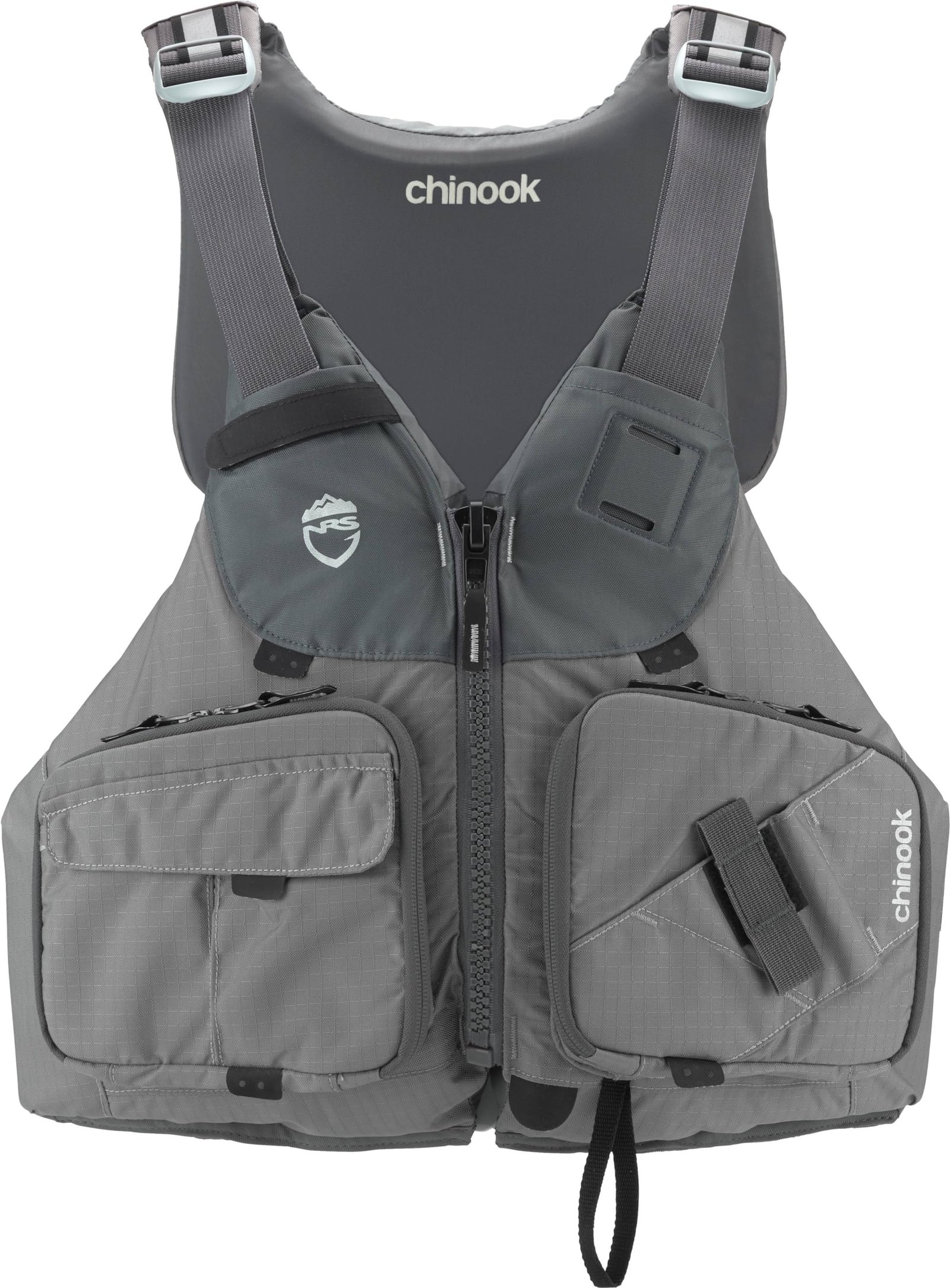 Gray "Chinook" life vest with pockets, zipper, and adjustable straps