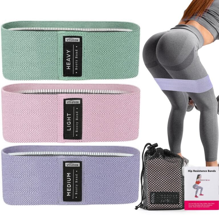 Three resistance bands, a woman exercising, and a bag with a booklet