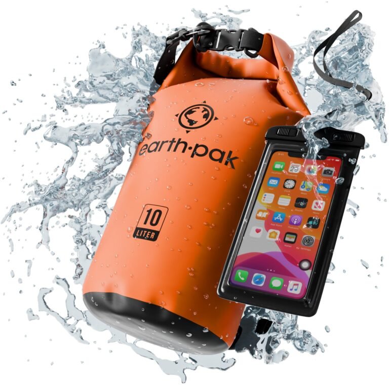 Orange dry bag and phone in waterproof case with water splash effect