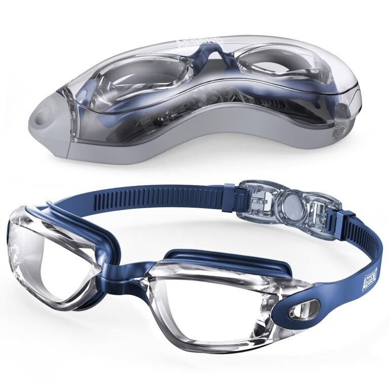 Blue and clear swimming goggles with case, product shot on white background