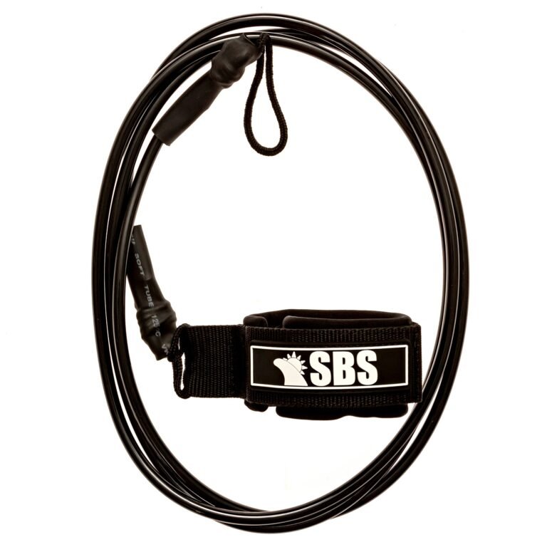 Black surfboard leash with wrist strap and "SBS" logo