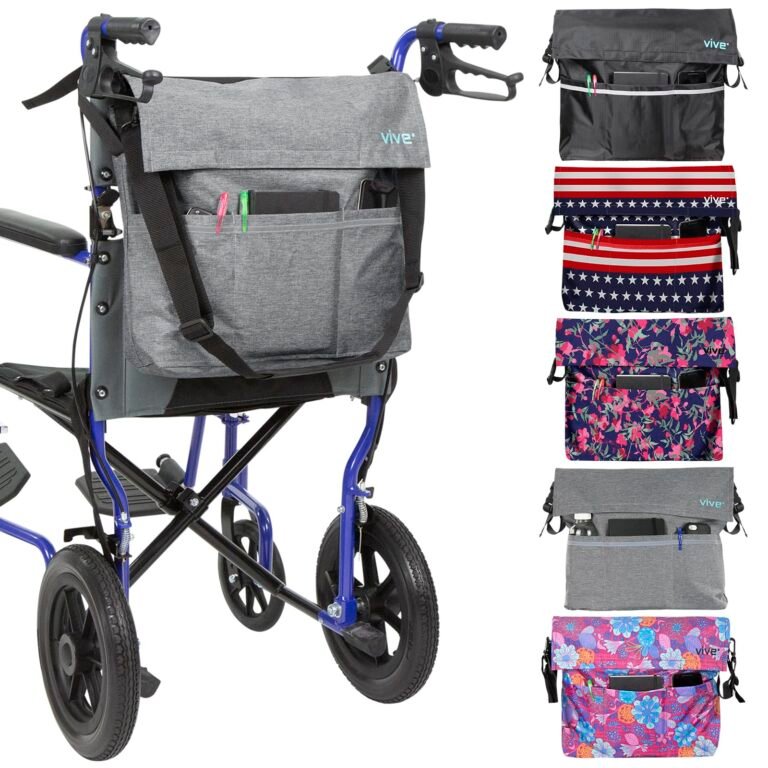Wheelchair with a gray bag and several alternative bag designs