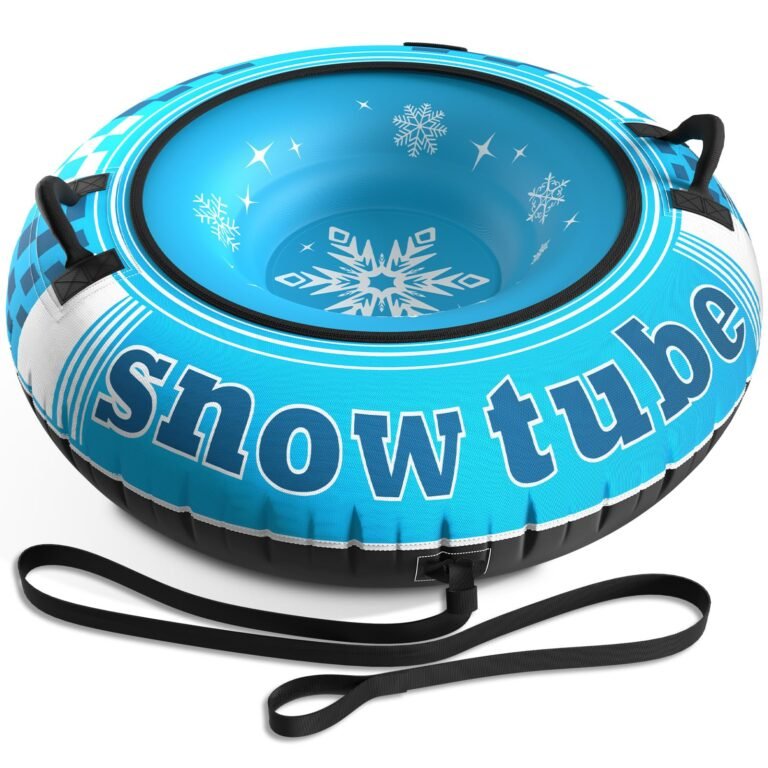 Blue and white snow tube with snowflakes and "snow tube" text