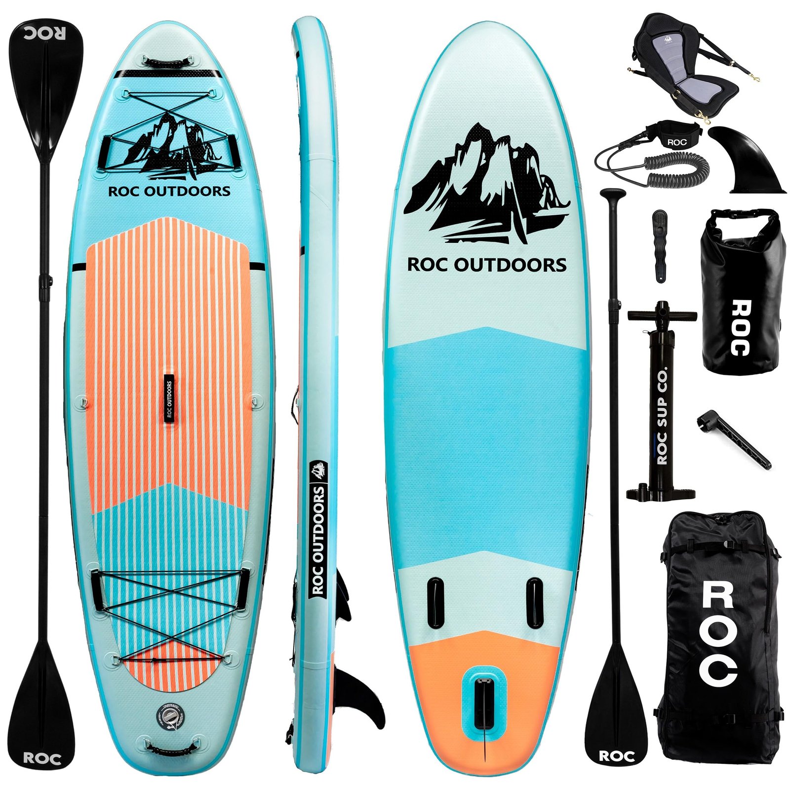 Blue and orange ROC Outdoors stand-up paddleboard with accessories