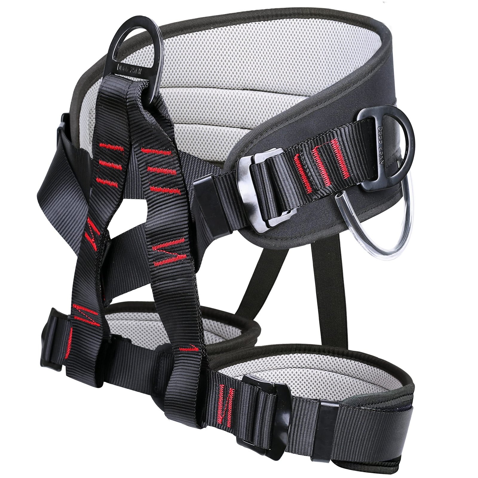 Black and red climbing harness with metal rings and adjustable straps