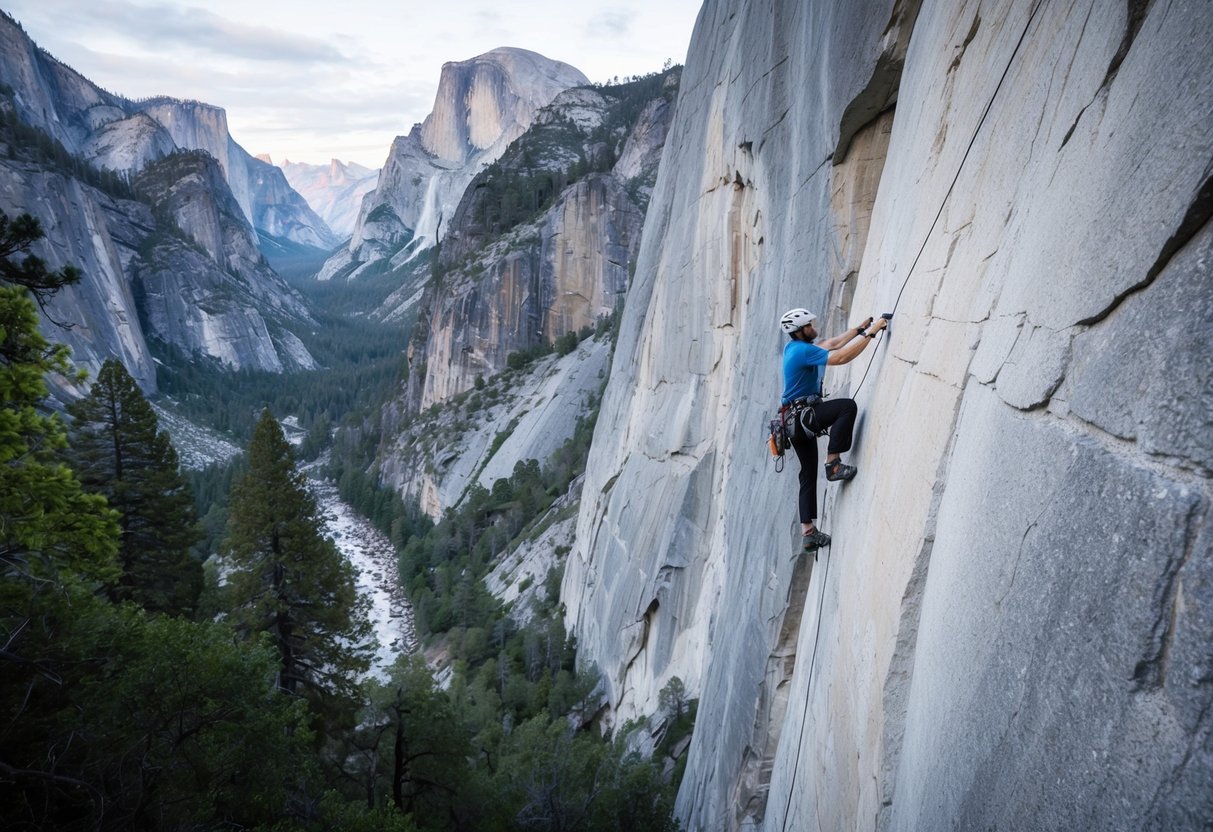 Rock climber scaling a sheer cliff face with a scenic mountain valley view