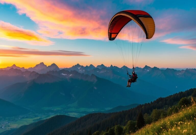 Paraglider soaring over mountain range at sunset, colorful sky