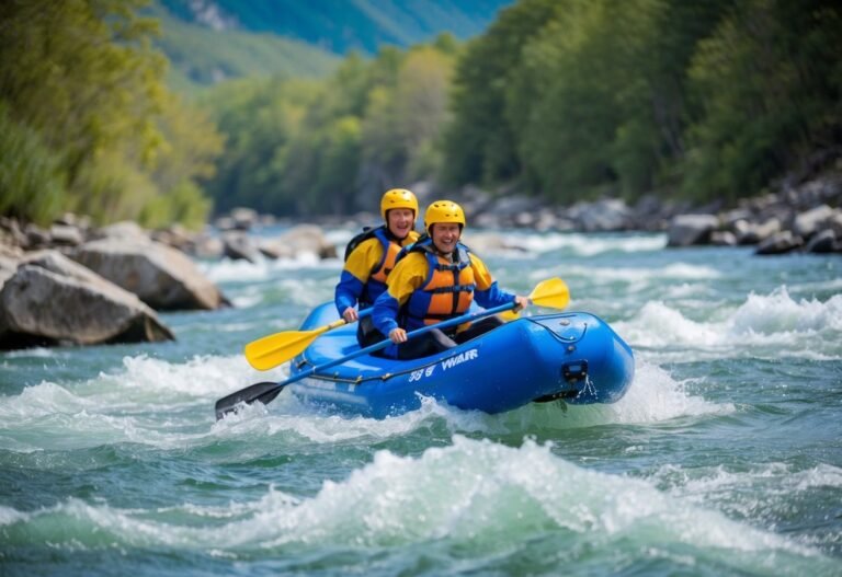 Two people whitewater rafting in a blue raft on a river