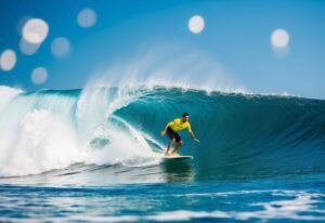 Surfer in yellow shirt rides a large, curling ocean wave