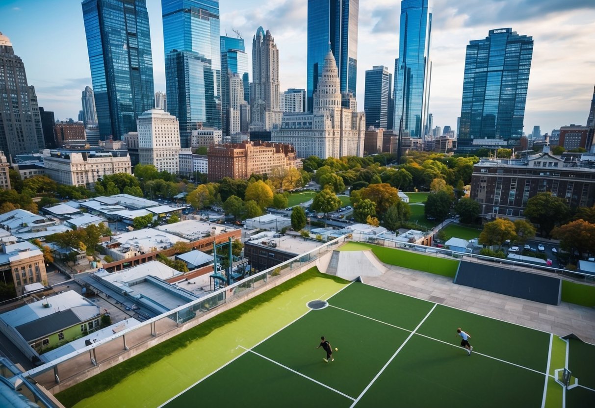Two people playing soccer on a rooftop field overlooking a city