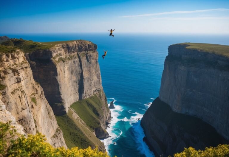 Two people jumping off a cliff into the ocean